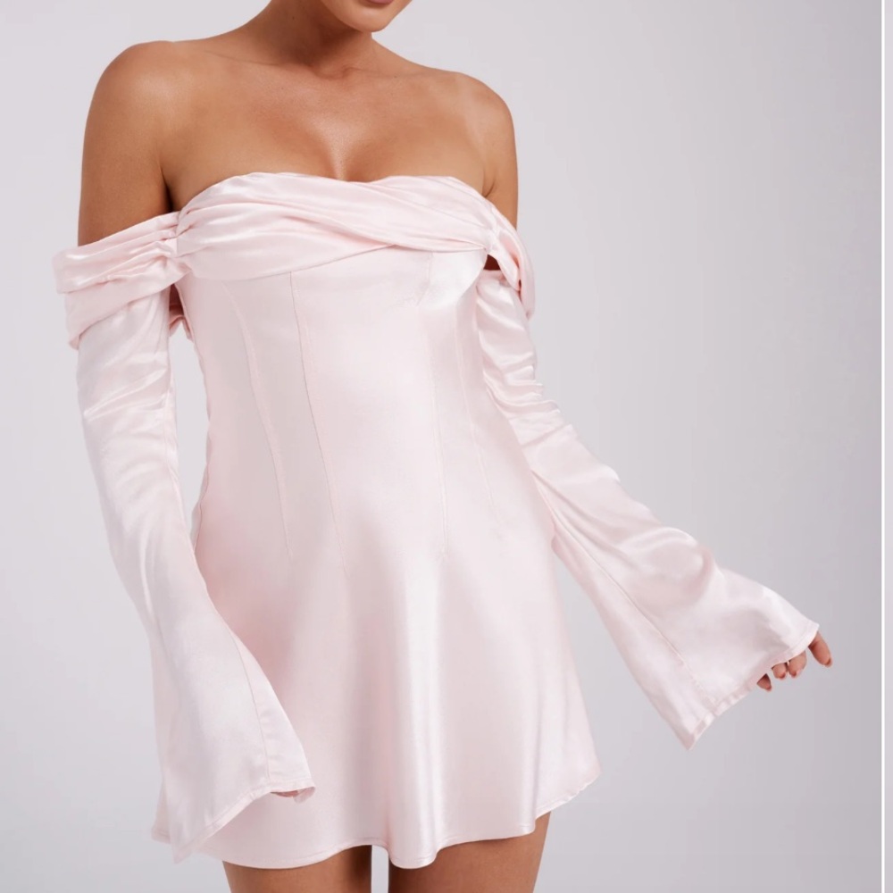 MESHKI Off Shoulder Satin Mini Dress-Rosewater, Giselle Dress